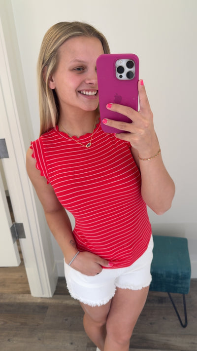 Ribbed Ruffle Trim Sleeveless Stripe Tank