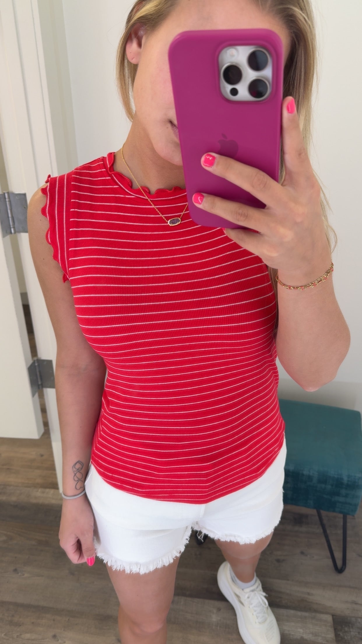 Ribbed Ruffle Trim Sleeveless Stripe Tank