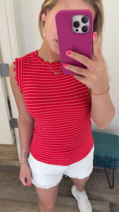Ribbed Ruffle Trim Sleeveless Stripe Tank
