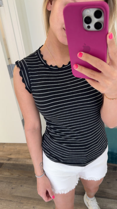 Ribbed Ruffle Trim Sleeveless Stripe Tank