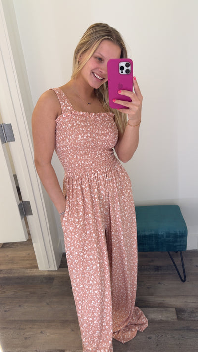 Floral Print Smocked Jumpsuit