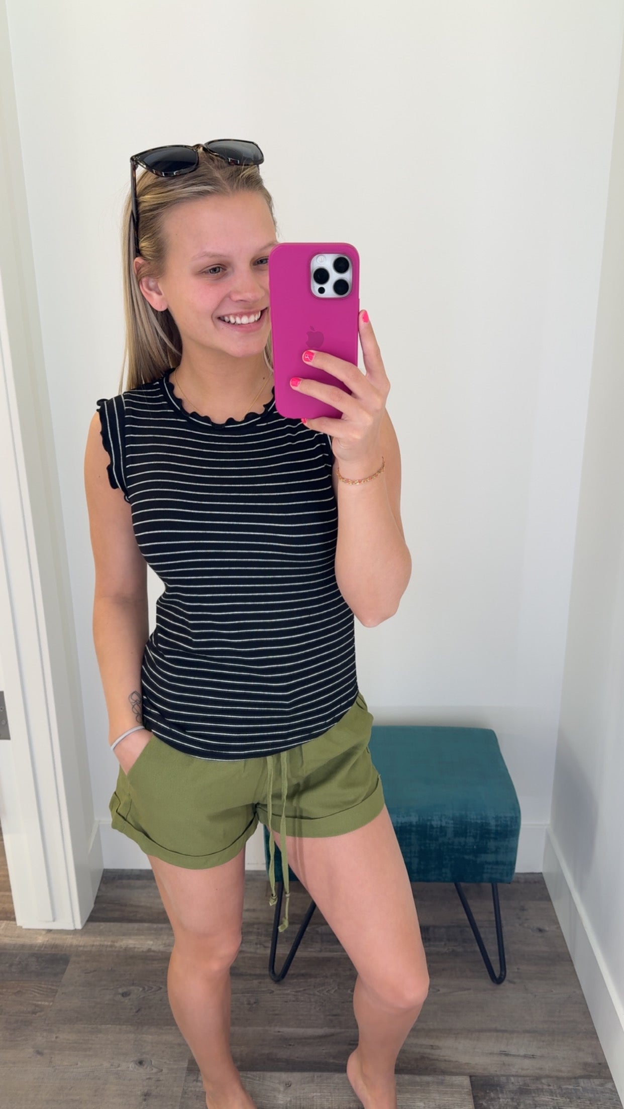 Ribbed Ruffle Trim Sleeveless Stripe Tank