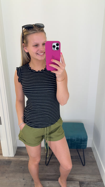 Ribbed Ruffle Trim Sleeveless Stripe Tank