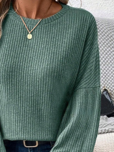 Online Exclusive: Ribbed Round Neck Lantern Sleeve Top