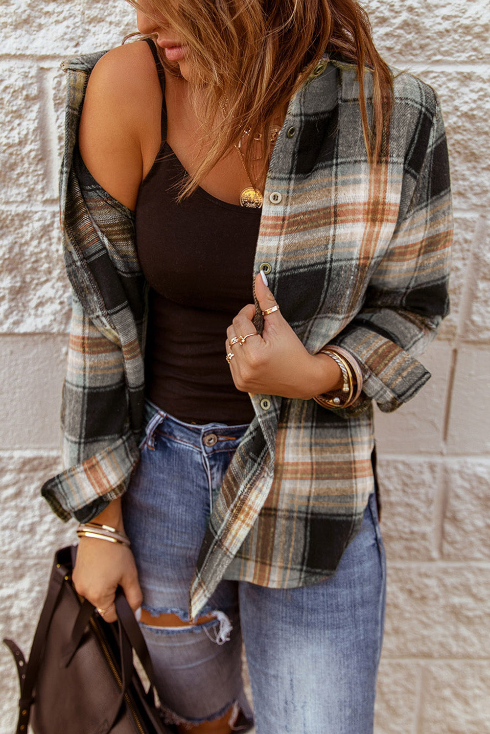 Online Exclusive: Plaid Collared Neck Button Up Long Sleeve Shirt