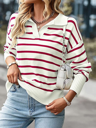 Online Exclusive: Striped Collared Neck Knit Top