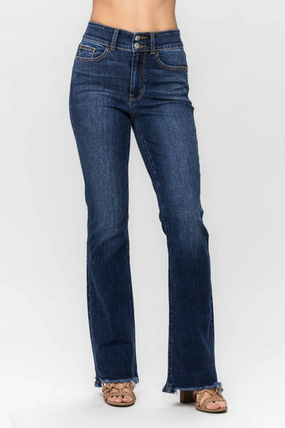 Jennifer Dark Wash High Rise Frayed Hem Bootcut Jean